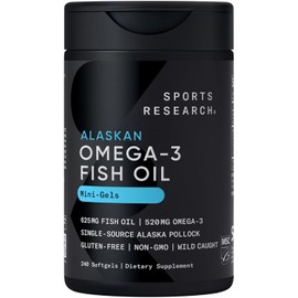 Sports Research® Omega-3 Fish Oil Mini Gels - Sourced from Wild Alaska Pollock w/Omega-3 EPA & DHA - Burpless, Bovine Free, Non-GMO, & MSC Certified Sustainable - 240 Count