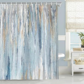 JAWO Abstract Shower Curtain Modern Shower Curtain Sets for Bathroom Gray Blue Beachy Aesthetic Stripe Contemporary Minimalist Painting Fabric Bathtub Curtains Navy Blue Tan Arabic Pattern Curtains