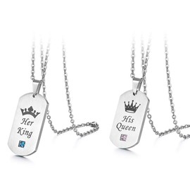 Flongo Couples Partner Pendant Necklace Set, Zirconia Stainless Steel Necklace Chain with Engraving Crown, Dog Tag, Black Silver Partner Chains for Men, Women, Stainless Steel, Cubic Zirconia