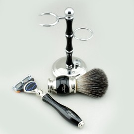 Haryali London Shaving Set - 5-Piece Shaving Brush Set - Black - Badger Shaving Brush - 5 Edges Razor Blade Razor - Shaving Soap - Vintage Shaving Cup - Shaving Stand - Complete Shaving Set