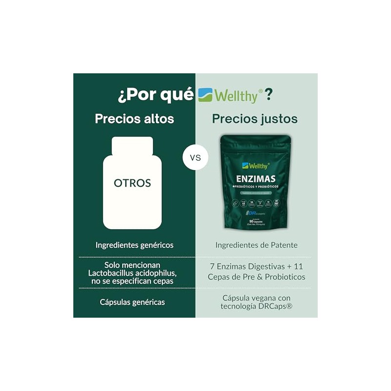 Wellthy Enzimas Digestivas 90 Cápsulas. Reforzado con Prebioticos y Probioticos.