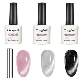 Creaglam Cat Eye Gel Nail Polish Set, 3 Pcs Gel Polish 1 Silver Shimmer Velvet Gel Nail Polish and 2 Colors Gel Polish (Pink and Black) Holographic Nail Polish with Magnet UV Gel Nail Art