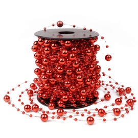 LOAVER 98.5 Feet Christmas Bead Garland Strands Plastic Pearl Strands Chain for Christmas Tree Decoration DIY Wedding Craft, Red