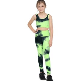 A2Z 4 Kids Girls Honeycomb Leggings Crop Top Vest Bottoms Gym Outfit Set - Yoga Set Green 9-10