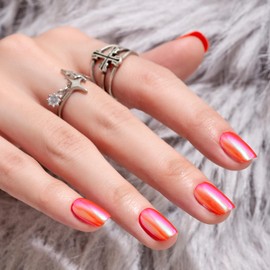 Press On Nails Short Square - Wooyas Metallic Orange Chrome Fake Nails,Supremely Fit & Natural Short Nail, Reusable Glue On Nails with Mini Nail File, Glue, 12 Sizes Handmade False Nail Kit