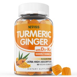 Sugar Free Turmeric Ginger Gummies 1500mg with Vitamin D3 5000IU & K2, Turmeric and Ginger Supplement for Adults, Vegan Turmeric Curcumin Gummies for Immune & Digestive Support - Mango Flavor, 60Count