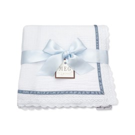 Heirloom Baby Boy Blanket (White with Blue Velvet Trim) Cotton Swaddle Blanket by MEG Original with Option to Embroider Name or Initials