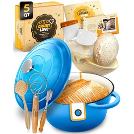CRUSTLOVE Dutch Oven for Bread Baking - incl. Sourdough Bread-Baking Supplies like Banneton Bread-Proofing Basket - 5QT Enameled Cast Iron Bread-Oven with Lid, Bread-Pan Sour Dough Starter Kit