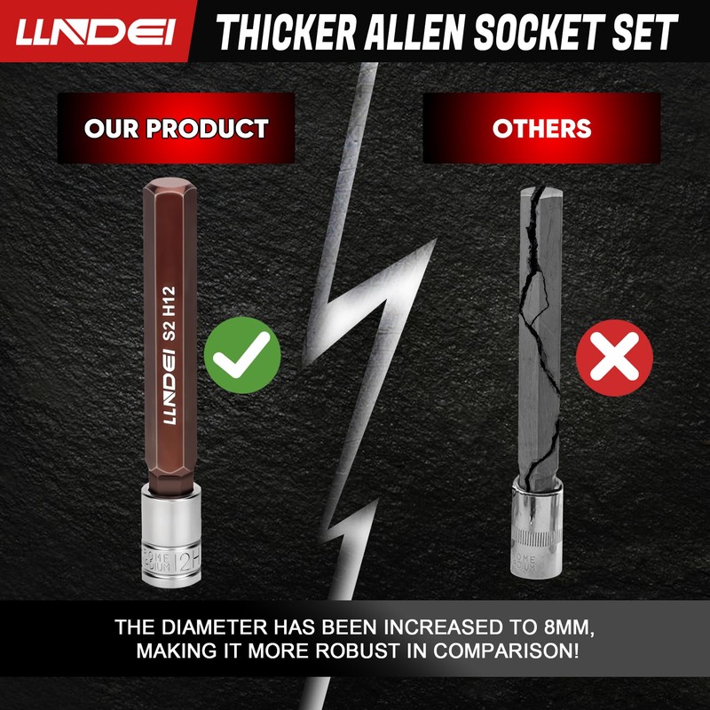 LLNDEI 3/8-Inch Drive Extra Long Allen Hex Bit Socket Set