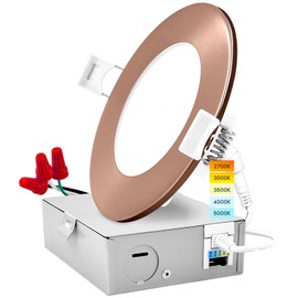 LUXRITE 4 Inch Ultra Thin LED Recessed Light with J-Box, 10W, 5 Color Options 2700K | 3000K | 3500K | 4000K | 5000K, Dimmable Wafer Lights, 750 Lumens, Copper Trim, Energy Star, IC Rated