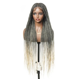 JALIZA 24" Pre Cut Real Swiss HD Full Lace Knotless Box Braided Wig for Black Women - Box Braid Wig with Human Hair Baby Hair - Lightweight Synthetic Square Braided Wig - 1B 613 Blond -123 Braids