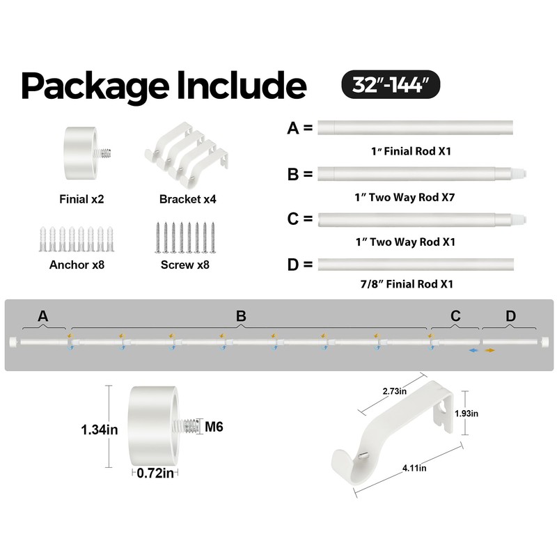 KAMANINA White Curtain Rod 32 to 144 Inch (2.6-12 Feet),