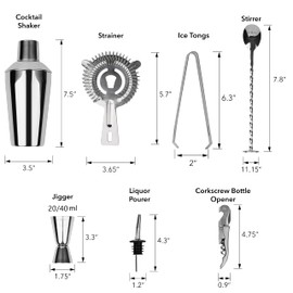 Arora 8pc Bar Tool Set w/Bamboo Display Stand - Silver Color - 20oz Cobbler Cocktail Shaker, Ice Tongs, Jigger, Strainer, Liquor Pourer, Waiter's Corkscrew (851074)