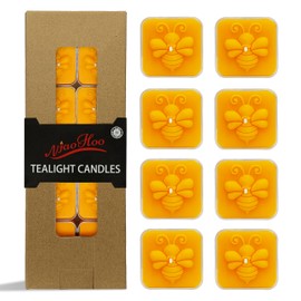 NJAO HOO Natural Beeswax Tealight Candles Small Yellow Tea Candle Mini Clear Cup Candle for Spa Yoga Valentine Children's Day, 12 Pack, Cute Bees Pattern-A