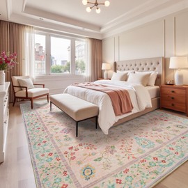 Goideal Floral Living Room Rug 8x10, Pale Pink Washable Area Rug Non Slip, Boho Low Pile Carpet with Rubber Backing for Bedroom Kitchen Bathroom Playroom Entryway Office