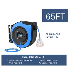 GREATIDE Retractable Extension Cord Reel, 65 Feet 12 AWG/3C SJTOW Heavy Duty Power Cord,15 AMP Circuit Breaker, 3-Lighted Triple Outlets, Ceiling or Wall Mount Use Indoor/Outdoor Gifts for Dad