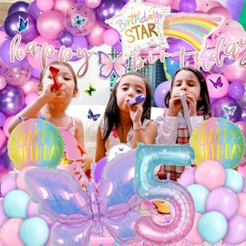 Butterfly 5th Number Birthday Balloons, 40” Gradient 5th Colorful Aluminum Foil Balloons for Girl Birthday Party, Baby Shower, Butterfly Party Decorations Supplies (5)