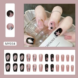 Press on Nails Square Medium Length Glossy Full Cover Acrylic Square Shape False Nails with Designs Artificial Short Coffin Fake Nails with Charms Glue Stick on Fingernails for Women Girls(MY034)