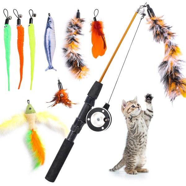 APSUAE 9 PCS Cat Fishing Pole Toy, Retractable Cat Feather