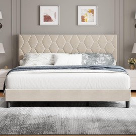 GAOMON Beige Full Bed Frame with Upholstered Headboard, Upholstered Bed Frame, Heavy-Duty Platform Bed Frame with Strong Wood Slats, No Box Spring Needed/Noise Free/Easy Assembly