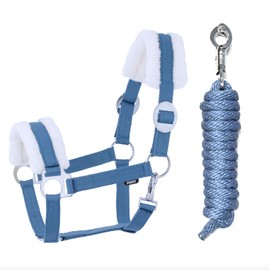 JA Horse Faux Fur Halter Lead Rope Set with Panic Hook Adjustable Horse Halter Horse Wooden Horse Tie Rope (Faux Fur Panic Hook Blue, Cob)