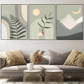 WZXGHE Abstract Picture, Aesthetic Green Plant Pictures, Bohemian Poster Set, Modern Green Plant Pattern Wall Pictures, Living Room, Bedroom Decorative Poster, Unframed (B, 3 x 30 x 40 cm, Unframed)