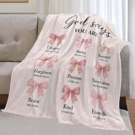 olpddz Christian Bible Flannel Blanket Gifts for Believer,60x50inch,Inspirational Religious Faith Throw Blankets with Pink Bow and Scripture,for Bedroom,Sofa,Living Room,Camping Home Decor Throws