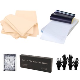 MIUXIA 330Pcs Tattoo Skin Practice KIt 10Pcs Tattoo Fake Skin 10Pcs Transfer Paper 100Pcs Tattoo Ink Caps Cups 200Pcs Tattoo Machine Covers Pen Gloves