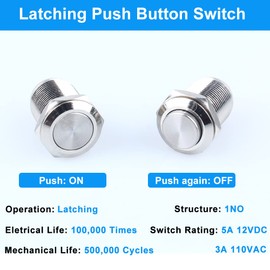 DMWD 2-Pack 12mm Latching Metal Waterproof Push Button Switch Raised Head Plug-in Terminals 1/2" Mounting Hole 12V 24V 36V 110V 250V 2A 1NO