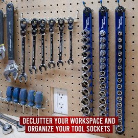Precision Defined Aluminum Tool Socket Holder | Blue, Single 1/2-Inch Socket Organizer x 14 Clips | Heavy Duty Socket Rails Organizer, Socket Storage, Socket Tray 360 Rotation