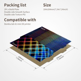 Textured PEI Build Plate for Bambu Lab A1 Mini, Flexible Double Sided Smooth PEP PES Textured PEI Spring Steel Sheet 184x184mm Excellent Adhesion Plate for Bambulab A1 Mini