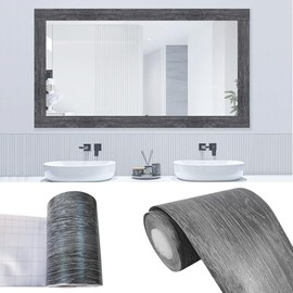 32.8 Feet Peel and Stick Dark Gray Wood Grain 10M Wallpaper Border Removable PVC Waterproof Wallpaper,Bathroom Mirror Frame Border Sticker Wall Decer (1.97inch)