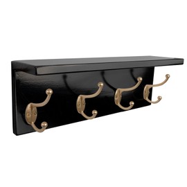 SANY DAYO HOME Wall Mounted Pine Wood Coat Rack with Shelf and 4 Heavy Duty Two-Prong Hooks for Entryway, Kitchen, Bathroom, Bedroom, Laundry (Black and Gold, 16 x 5 x 4 inches)