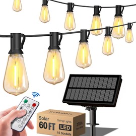 BLIATLUS 60FT Solar String Lights Outdoor Waterproof with Remote Control Solar Patio Lights Long Last for 20+Hrs Dimmable Solar Power LED Bulbs for Porch Garden Market Bistro Patio Backyard Fence