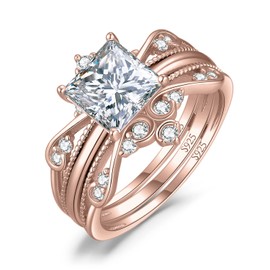 JewelryPalace Vintage Princess Cut 2ct CZ Solitaire Engagement Ring for Women, Classic 14K Rose Gold 925 Sterling Silver Promise Ring for her, Crown Enhancer Wedding Band Ring Bridal 5