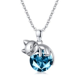 SLIACETE Cat Necklace 925 Sterling Silver Cat Pendant Chain for Women Girls Cat Jewellery Gifts for Cat Lovers, Sterling Silver, Aquamarine