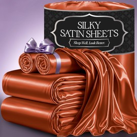 DECOLURE Satin Bed Sheets - 4 Piece Luxury Silky King Size Bedding Set - Softer Than Silk, Wrinkle-Free with 15” Deep Pocket Fitted Sheet, Perfect for Hair & Skin, Gifts for Women (Burnt Orange)