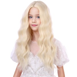 WAVELNM Kids Blonde Wig Girls Long Curly Wavy Wig Child Light Blonde Middle Part Wig Kids Wigs Girls Synthetic Wigs with Wig Cap