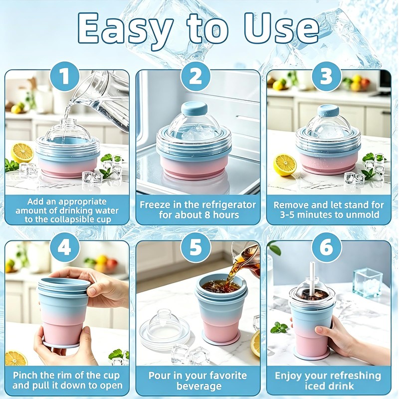 2-in-1 Silicone Ice Ball Cup, Collapsible Ice Cube Cup with