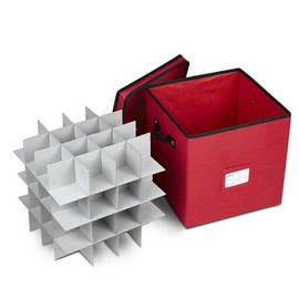 ProPik 64 Christmas Ornament Storage Box, 4 Tier Holds Up to 64 Ornaments Accessories Balls, Holiday Decorations Storage Container with Dividers, Made with Durable 600D Oxford Polyester Material (Red)