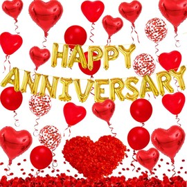 Anniversary Decorations, Happy Anniversary Banner, Heart Foil Balloons, Red Heart Latex Confetti Balloons, Red Rose Petals for Romantic Valentines Day, Anniversary Celebrations Party Decorations