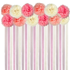 Pink Party Streamers Bridal Shower Decorations - Blush Pink Cream Colorful Paper Pom Poms Wall Decor for Baby Showers, Weddings, Graduations, Tea Parties, Engagement