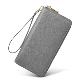 FOXLOVER Litchi Grain Leather Wallets for Women Large Wristlet Purses Billfolds RFID Card Cases Money Organizers Zipper Closure Coin Pocket(Litchi Grain-Grey)
