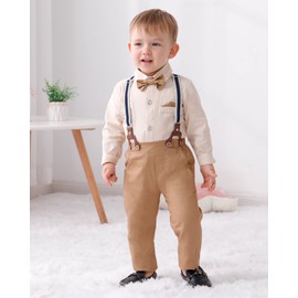 DISAUR Baby Boy Clothes Suits, Toddler Dress Shirt with Bowtie + Suspender Pants Outfit Sets Gentleman Wedding 1-6 Years (Beige,2-3T)