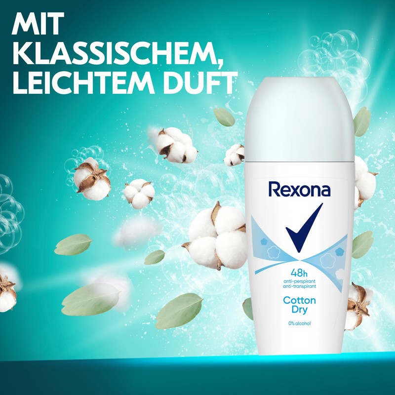 Rexona Antiperspirant Roll-On Cotton Dry with Slightly Floral and Subtle