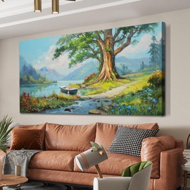 Anolyfi Large Canvas Wall Art Lake Landscape Painting Outdoor Scenery Picture, Green Tree and Boat Panoramic Print Textured Artwork Framed for Living Room Bedroom Bathroom Office Home Decor 40"x20"