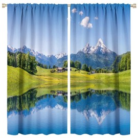 Lake Blackout Curtain, Nature Mountain Scenic Beautiful Blue Sky White Cloud House Grassland Landscapes Home Decor Windows Rod Pocket Curtains for Bedroom Kitchen Cafe Office Drapes 42x45in