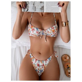 GORGLITTER Women's Floral 2 Piece Swimsuits String Tie Thong Push Up Underwire Bikini Sets Tie Front Beach Swimwear White Small