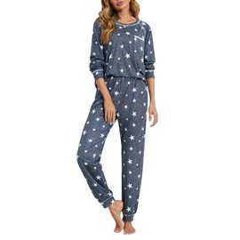 Ekouaer Women's Pajamas Comfortable Cotton Pajamas Sets for Women Winter Soft Sleepwear Stars Long Sleeves and Pants Dark Gray