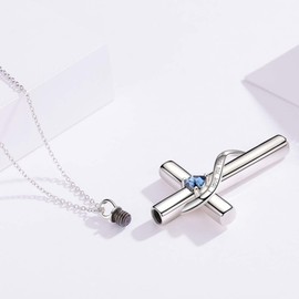 SOULMEET Crystal Cross Necklace for Ashes, Sterling Silver I Love You Forever Birthstone Cross Urn Necklaces for Ashes Keepsake Cremation Jewelry for Pet Human Ashes, Metal, Cubic Zirconia